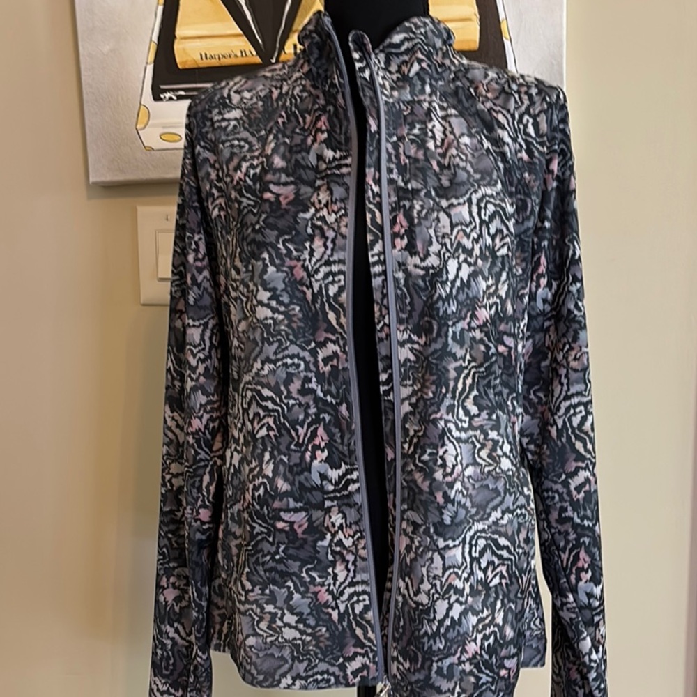 Athleta Black and Gray Bomber Jacket with Stand-Up Collar